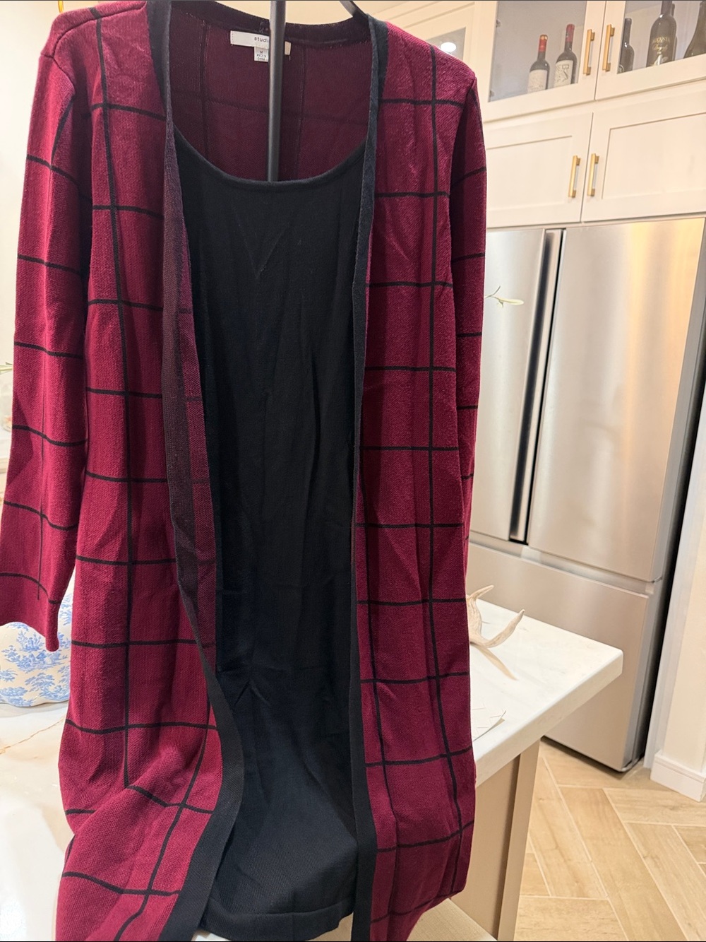 Studio One Burgundy and Black Windowpane Open-Front Jacket